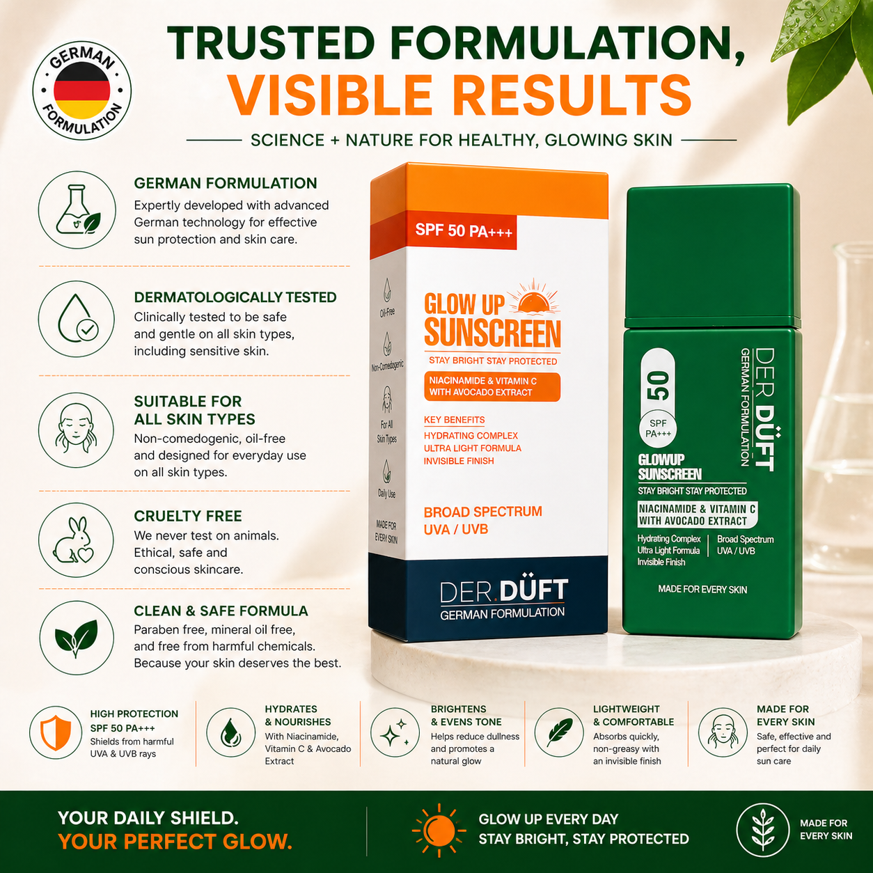 Der Düft Glow Up Sunscreen SPF 50 PA+++, Broad Spectrum UVA/UVB, with Niacinamide, Vitamin C and Avocado Extract, Invisible Finish