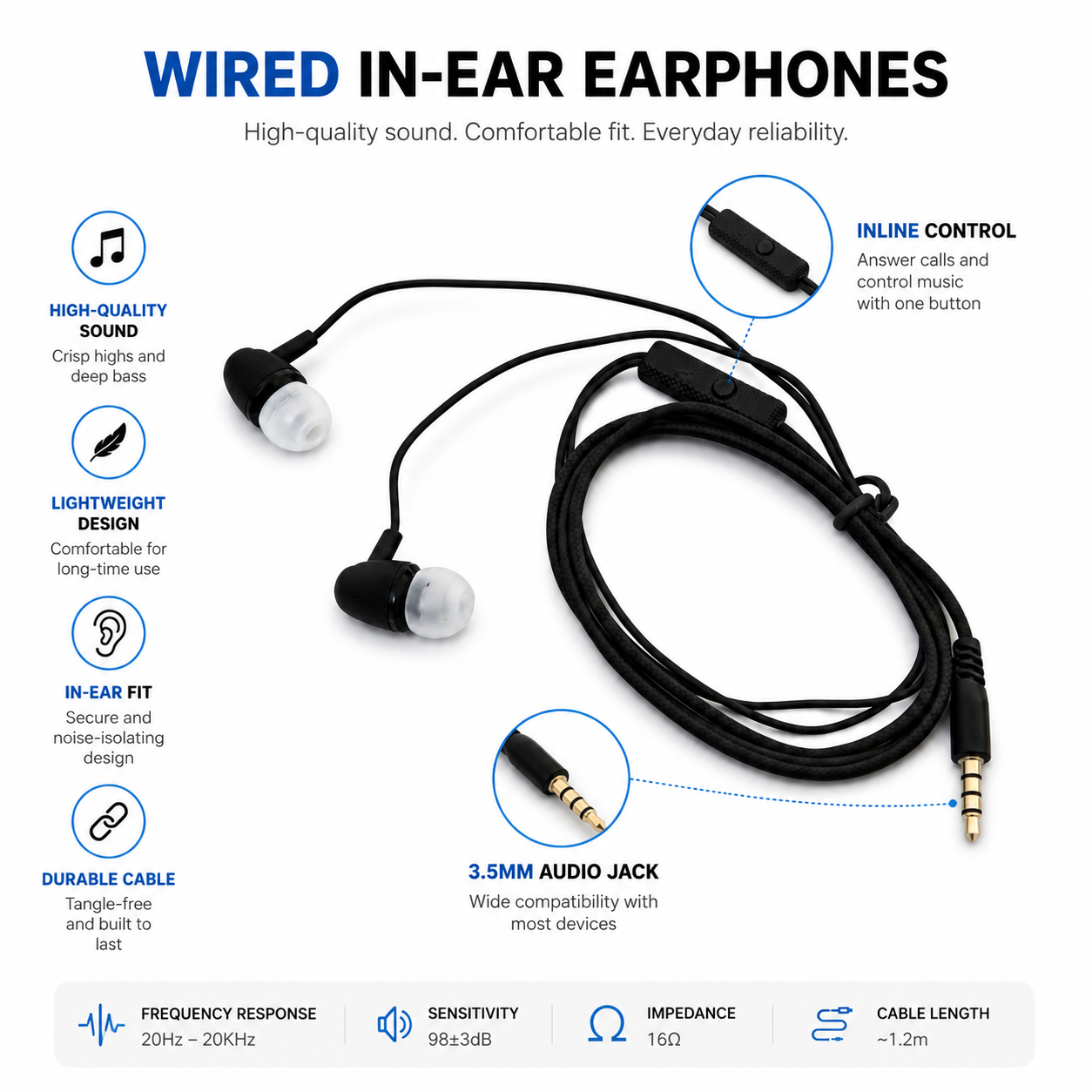 Wired In-Ear Earphones with Microphone – 3.5mm Stereo Earbuds for Android, Laptop, PC & Tablets | Noise Isolating Headphones with HD Sound (Black)