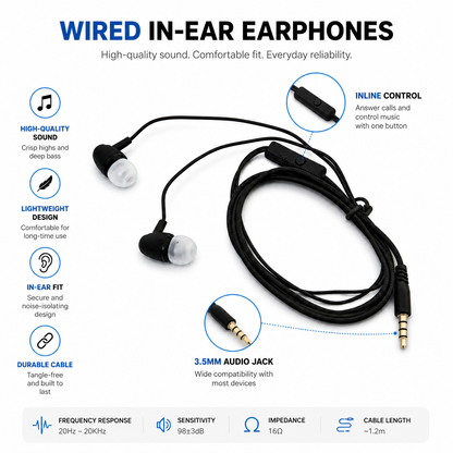 Wired In-Ear Earphones with Microphone – 3.5mm Stereo Earbuds for Android, Laptop, PC & Tablets | Noise Isolating Headphones with HD Sound (Black)