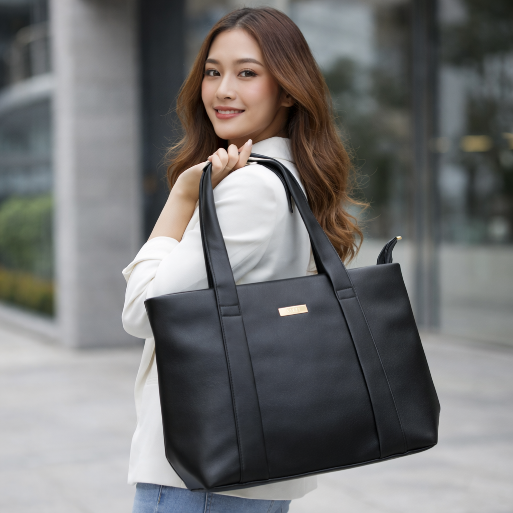 Women's Black Tote Handbag, Synthetic Leather, Stylish Everyday Bag for Office, Travel, and College