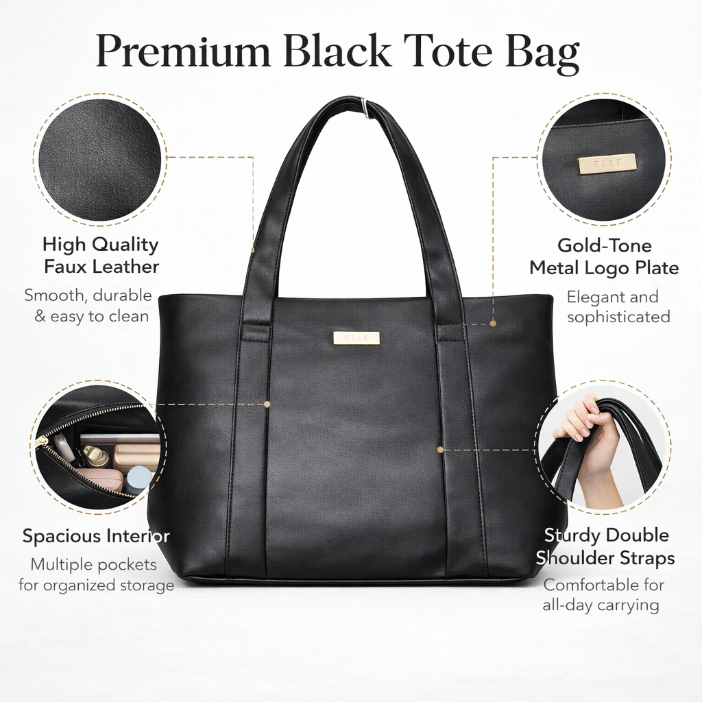 Women's Black Tote Handbag, Synthetic Leather, Stylish Everyday Bag for Office, Travel, and College