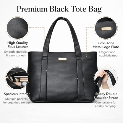 Women's Black Tote Handbag, Synthetic Leather, Stylish Everyday Bag for Office, Travel, and College