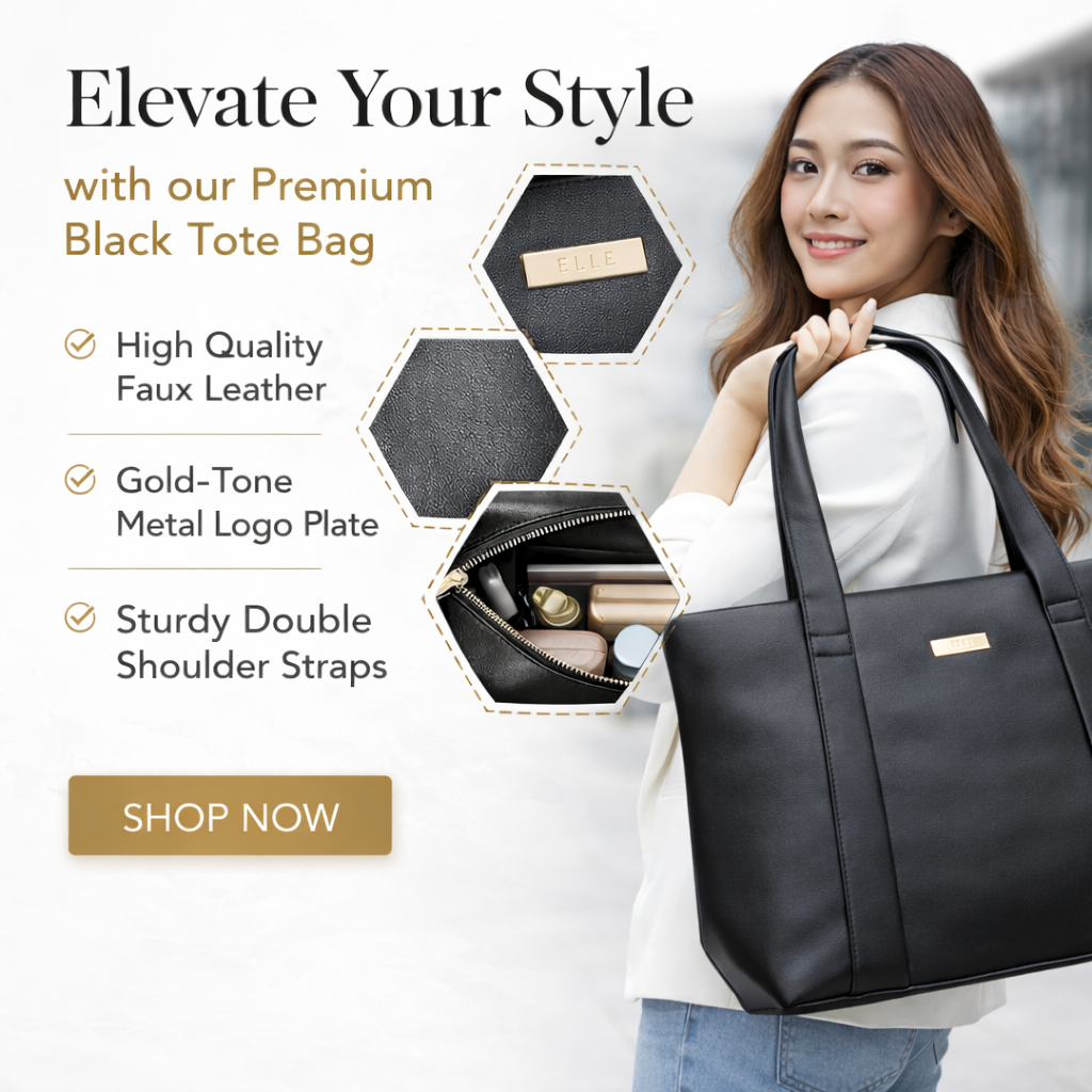 Women's Black Tote Handbag, Synthetic Leather, Stylish Everyday Bag for Office, Travel, and College
