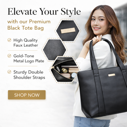Women's Black Tote Handbag, Synthetic Leather, Stylish Everyday Bag for Office, Travel, and College