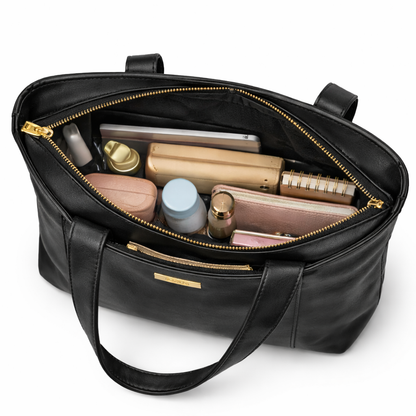 Women's Black Tote Handbag, Synthetic Leather, Stylish Everyday Bag for Office, Travel, and College