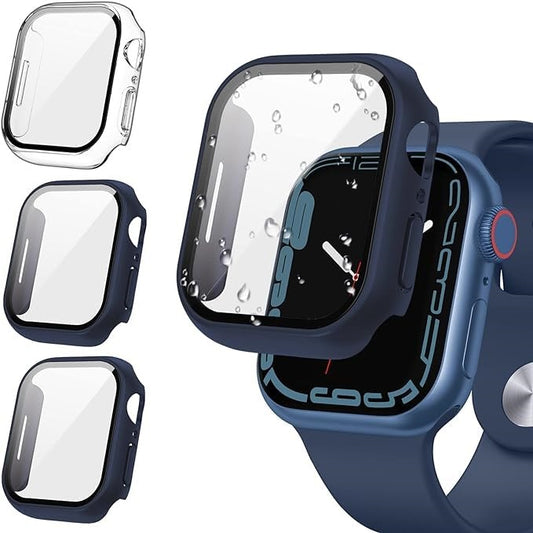 AIG Apple Watch 45mm Hard Case with Tempered Glass Screen Protector, Ultra-Thin Protective Cover for Series 9/8/7 - Clear+Blue+Blue (03 PACK)