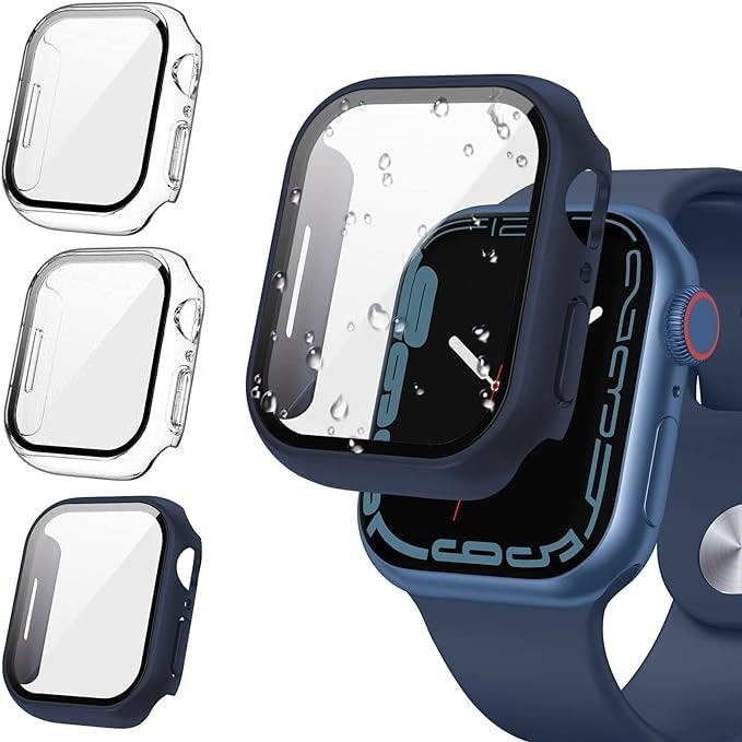 AIG Apple Watch 45mm Hard Case with Tempered Glass Screen Protector, Ultra-Thin Protective Cover for Series 9/8/7 - Clear+Clear+Blue (03 PACK)