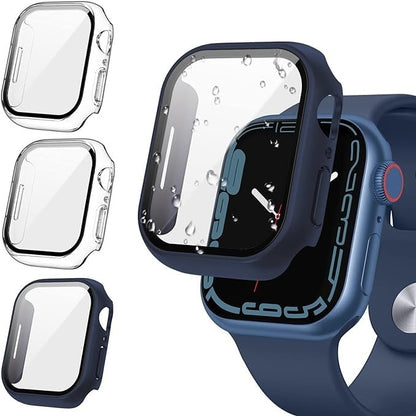 AIG Apple Watch 45mm Hard Case with Tempered Glass Screen Protector, Ultra-Thin Protective Cover for Series 9/8/7 - Clear+Clear+Blue (03 PACK)