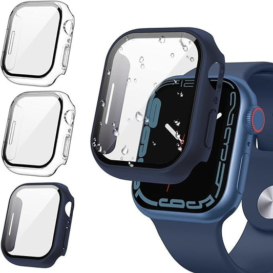 AIG Apple Watch 45mm Hard Case with Tempered Glass Screen Protector, Ultra-Thin Protective Cover for Series 9/8/7 - Clear+Clear+Blue (03 PACK)