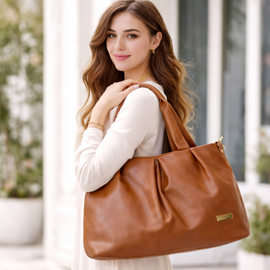 Women's Premium PU Leather Tote Handbag | Large Shoulder Bag with Zipper Closure | Stylish Office, Travel & Everyday Carry Purse | Brown