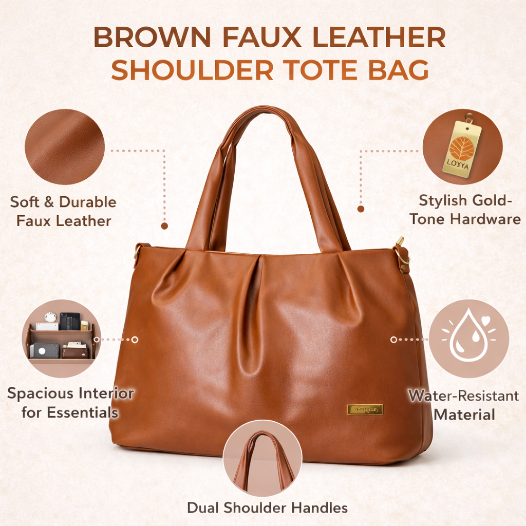 Women's Premium PU Leather Tote Handbag | Large Shoulder Bag with Zipper Closure | Stylish Office, Travel & Everyday Carry Purse | Brown