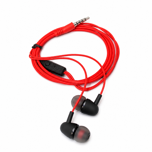 Premium Wired In-Ear Earphones with Microphone – 3.5mm Stereo Earbuds with Braided Cable, Deep Bass & Noise Isolating Design for Android, Laptop, PC & Tablets (Red)