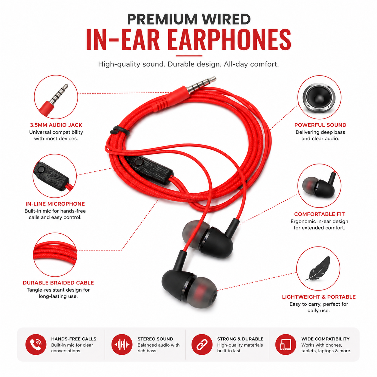 Premium Wired In-Ear Earphones with Microphone – 3.5mm Stereo Earbuds with Braided Cable, Deep Bass & Noise Isolating Design for Android, Laptop, PC & Tablets (Red)