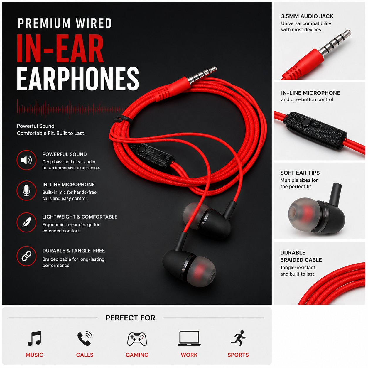 Premium Wired In-Ear Earphones with Microphone – 3.5mm Stereo Earbuds with Braided Cable, Deep Bass & Noise Isolating Design for Android, Laptop, PC & Tablets (Red)