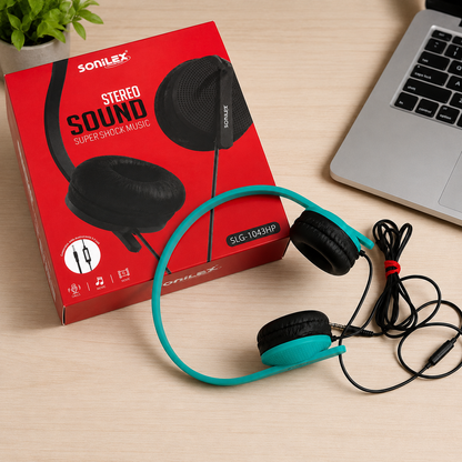 Sonilex Wired Stereo Headphones with Microphone – Adjustable On-Ear Headset with 3.5mm Audio Jack for Mobile, Laptop, PC, Tablet, Online Classes & Gaming (Turquoise)