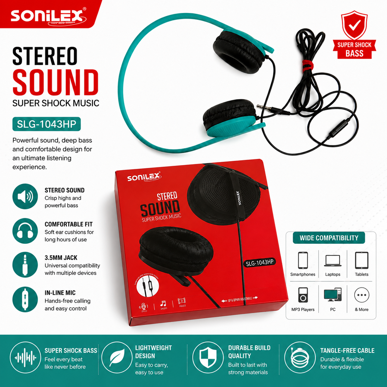 Sonilex Wired Stereo Headphones with Microphone – Adjustable On-Ear Headset with 3.5mm Audio Jack for Mobile, Laptop, PC, Tablet, Online Classes & Gaming (Turquoise)