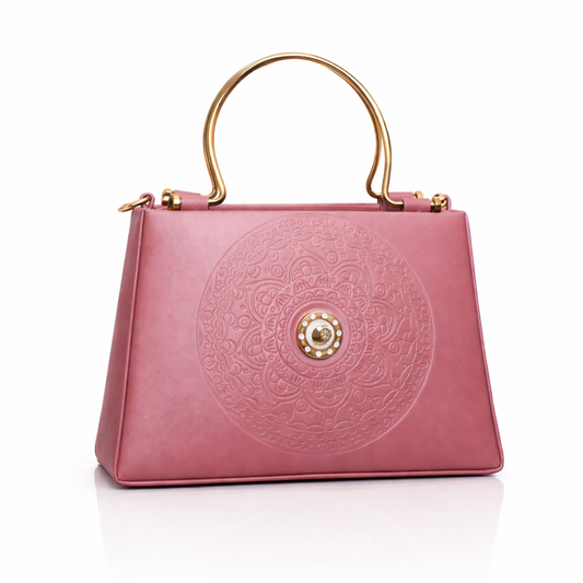 Pink Top-Handle Handbag with Embossed Circular Pattern, Structured Silhouette, Gold Metal Handle