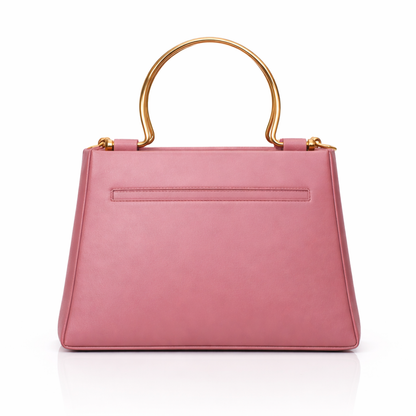 Pink Top-Handle Handbag with Embossed Circular Pattern, Structured Silhouette, Gold Metal Handle