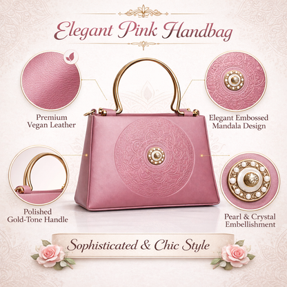 Pink Top-Handle Handbag with Embossed Circular Pattern, Structured Silhouette, Gold Metal Handle