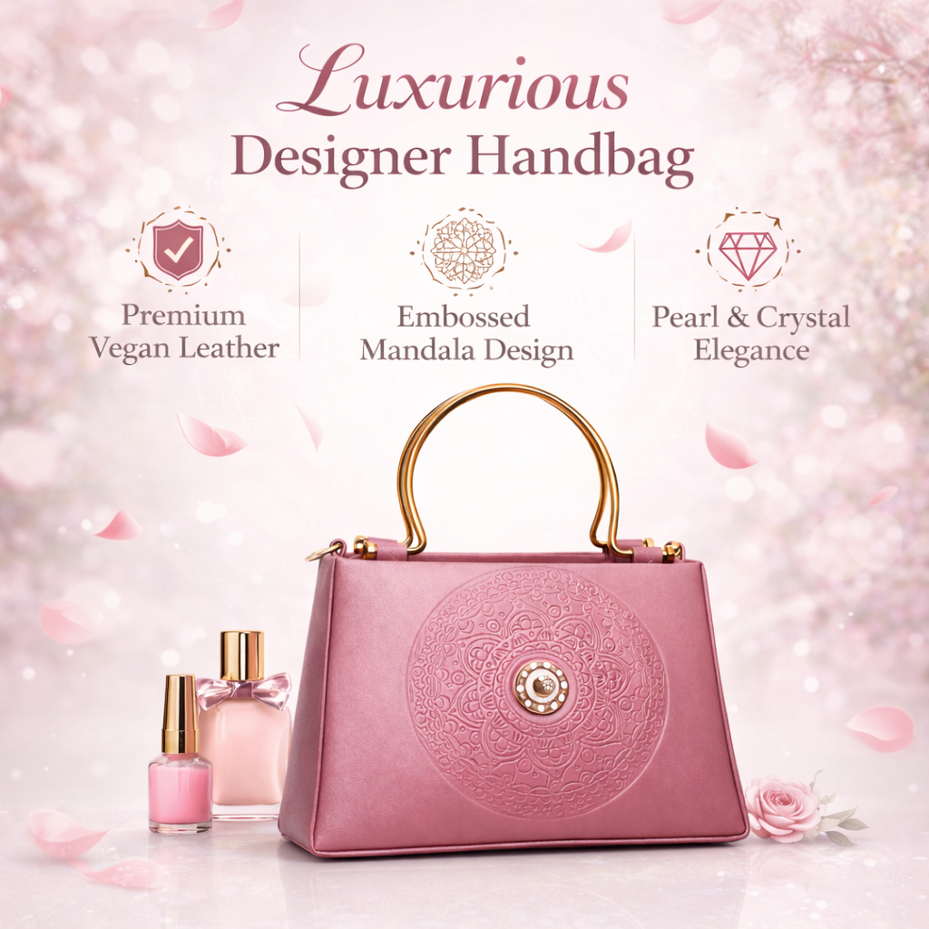 Pink Top-Handle Handbag with Embossed Circular Pattern, Structured Silhouette, Gold Metal Handle