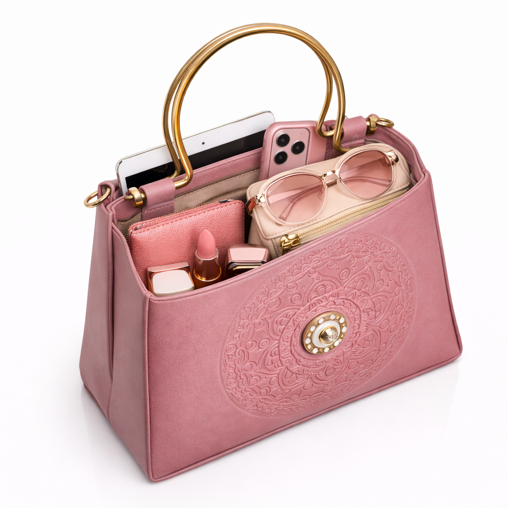 Pink Top-Handle Handbag with Embossed Circular Pattern, Structured Silhouette, Gold Metal Handle