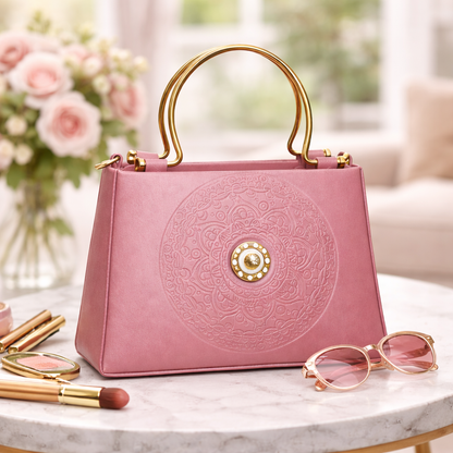Pink Top-Handle Handbag with Embossed Circular Pattern, Structured Silhouette, Gold Metal Handle