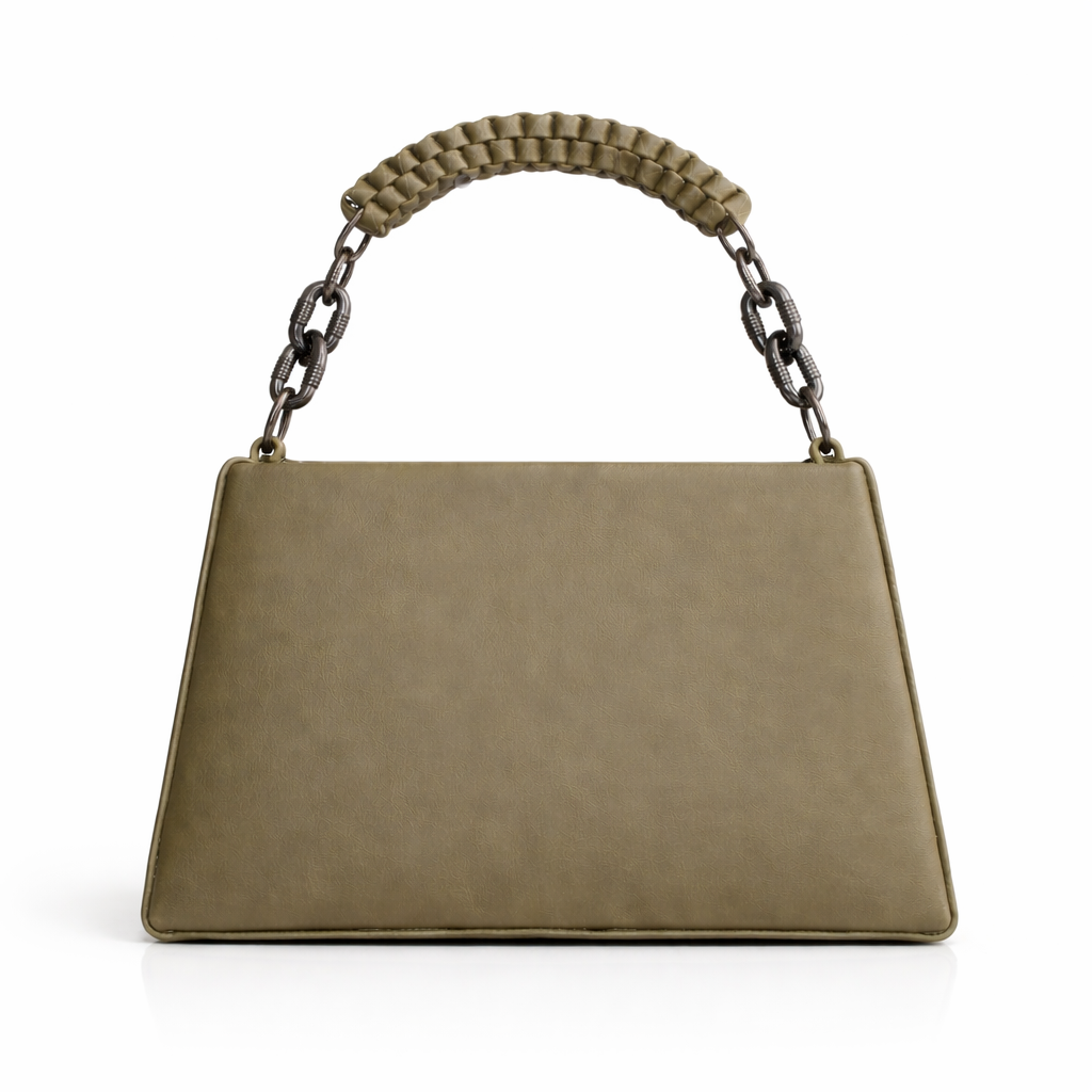 Women’s Structured Faux Leather Top Handle Handbag – Elegant Chain Strap Shoulder Purse with Metal Accent, Brown