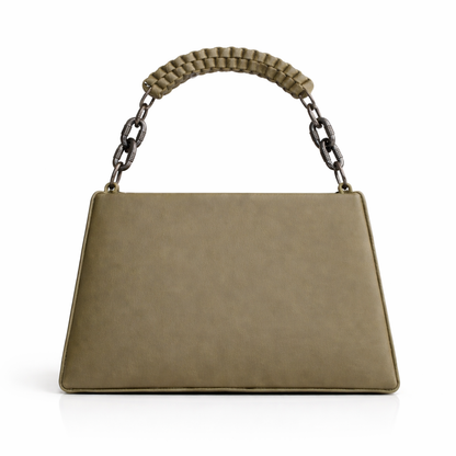 Women’s Structured Faux Leather Top Handle Handbag – Elegant Chain Strap Shoulder Purse with Metal Accent, Brown