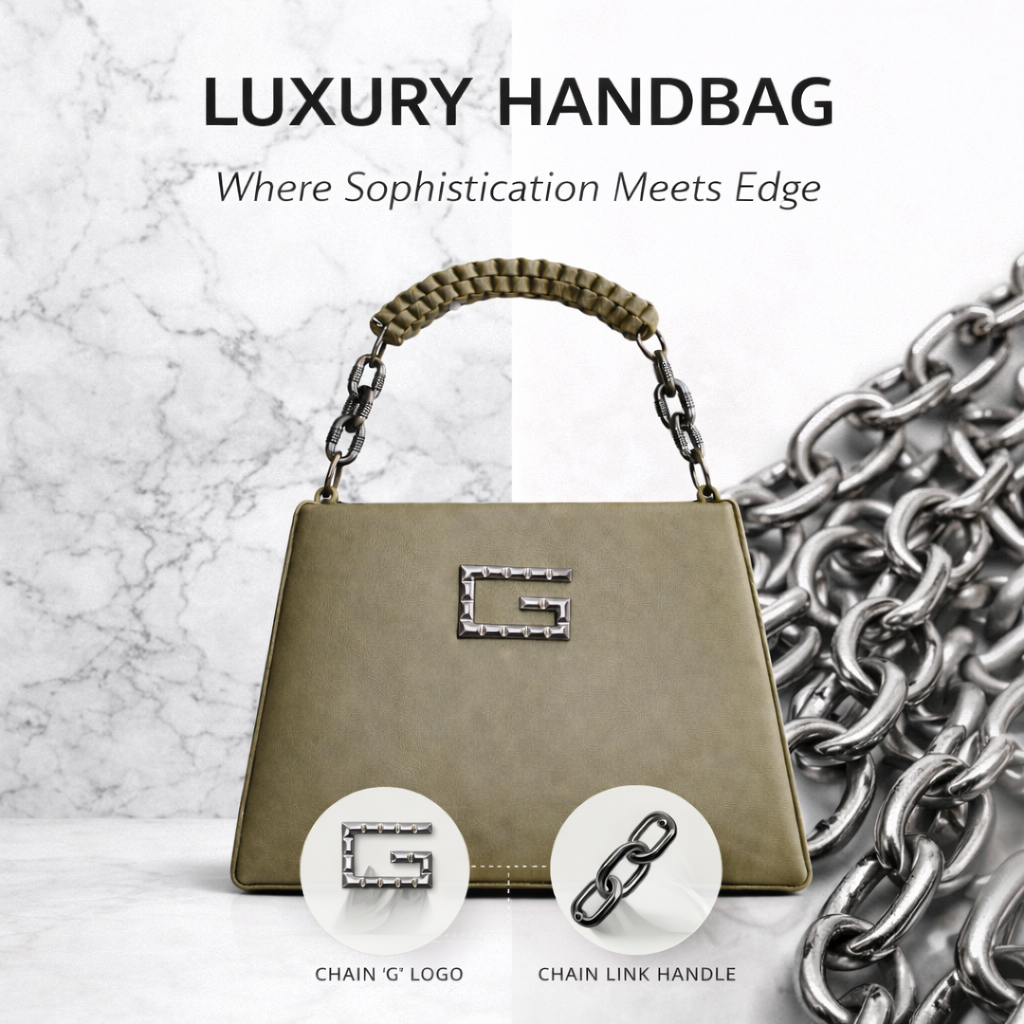 Women’s Structured Faux Leather Top Handle Handbag – Elegant Chain Strap Shoulder Purse with Metal Accent, Brown