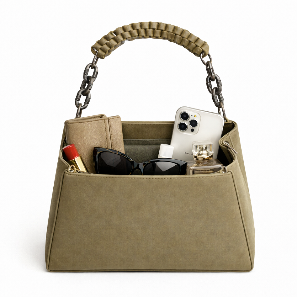 Women’s Structured Faux Leather Top Handle Handbag – Elegant Chain Strap Shoulder Purse with Metal Accent, Brown