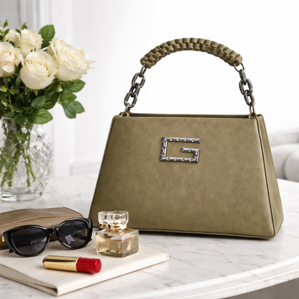 Women’s Structured Faux Leather Top Handle Handbag – Elegant Chain Strap Shoulder Purse with Metal Accent, Brown