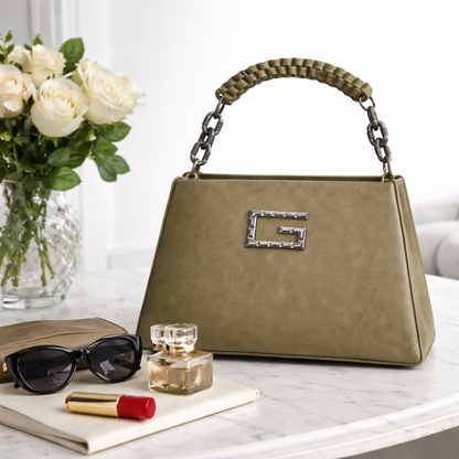 Women’s Structured Faux Leather Top Handle Handbag – Elegant Chain Strap Shoulder Purse with Metal Accent, Brown