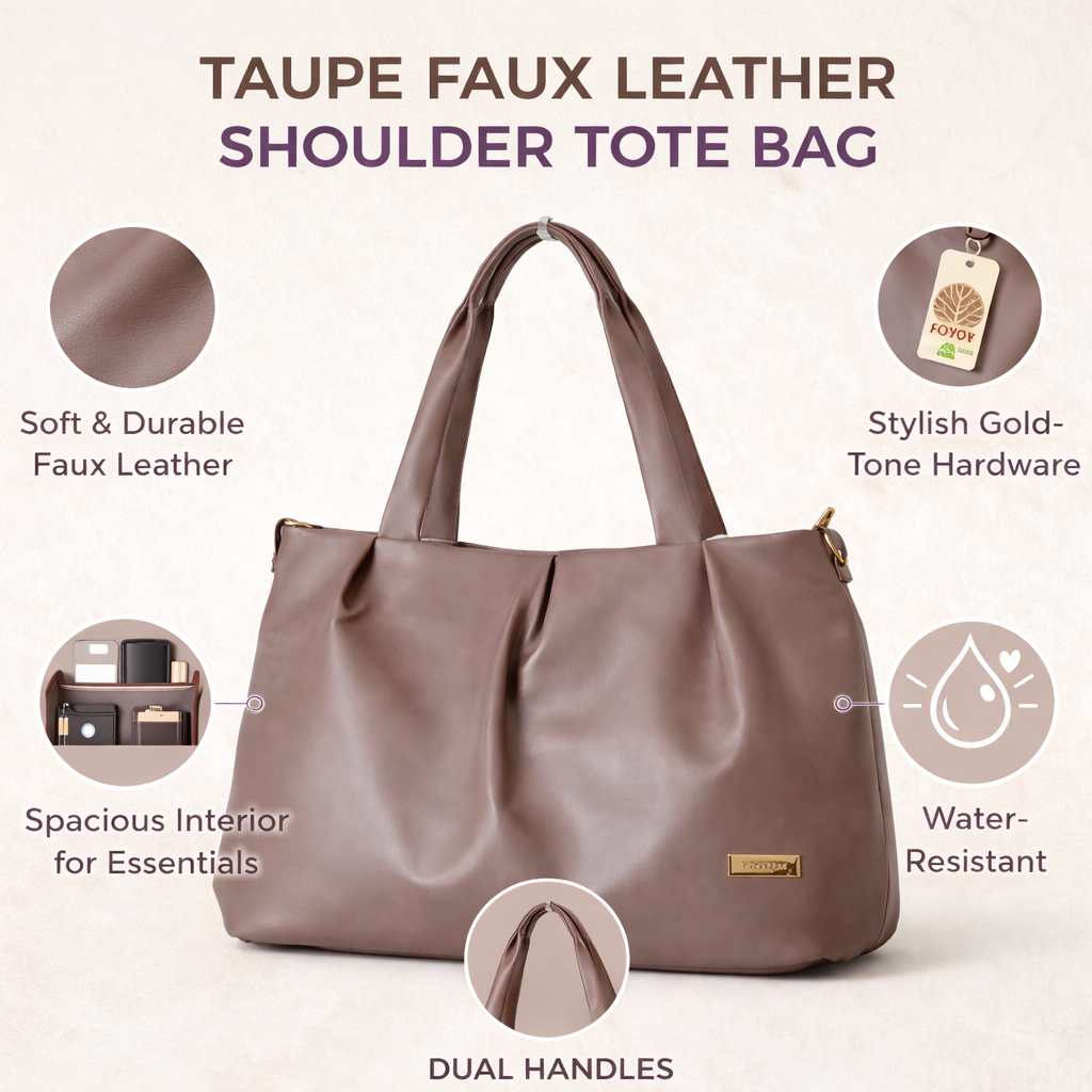 Women's Premium Taupe PU Leather Tote Handbag | Large Shoulder Bag with Zipper Closure | Stylish Office, Travel & Everyday Carry Purse
