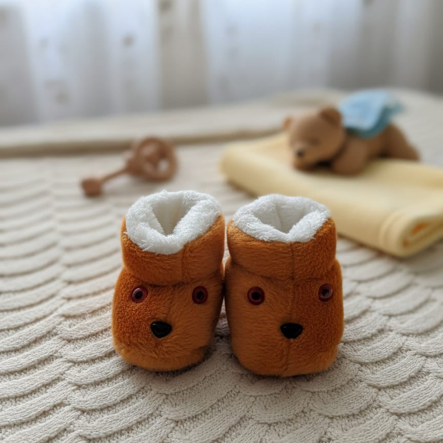 Baby Soft Plush Booties for Newborns | Warm & Cozy Fleece Shoes with Cute Bear Face Design | Infant Crib Shoes for Boys & Girls (0-12 Months) – Available in Pink, Brown & Cream