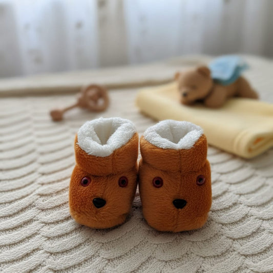 Baby Soft Plush Booties for Newborns | Warm & Cozy Fleece Shoes with Cute Bear Face Design | Brown Infant Crib Shoes (0-12 Months)