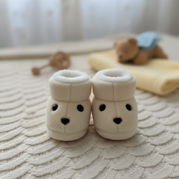 Baby Soft Plush Booties for Newborns | Warm & Cozy Fleece Shoes with Cute Bear Face Design | Infant Crib Shoes for Boys & Girls (0-12 Months) – Available in Pink, Brown & Cream