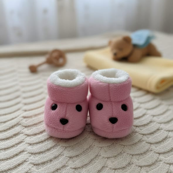 Baby Soft Plush Booties for Newborns | Warm & Cozy Fleece Shoes with Cute Bear Face Design | Infant Crib Shoes for Boys & Girls (0-12 Months) – Available in Pink, Brown & Cream