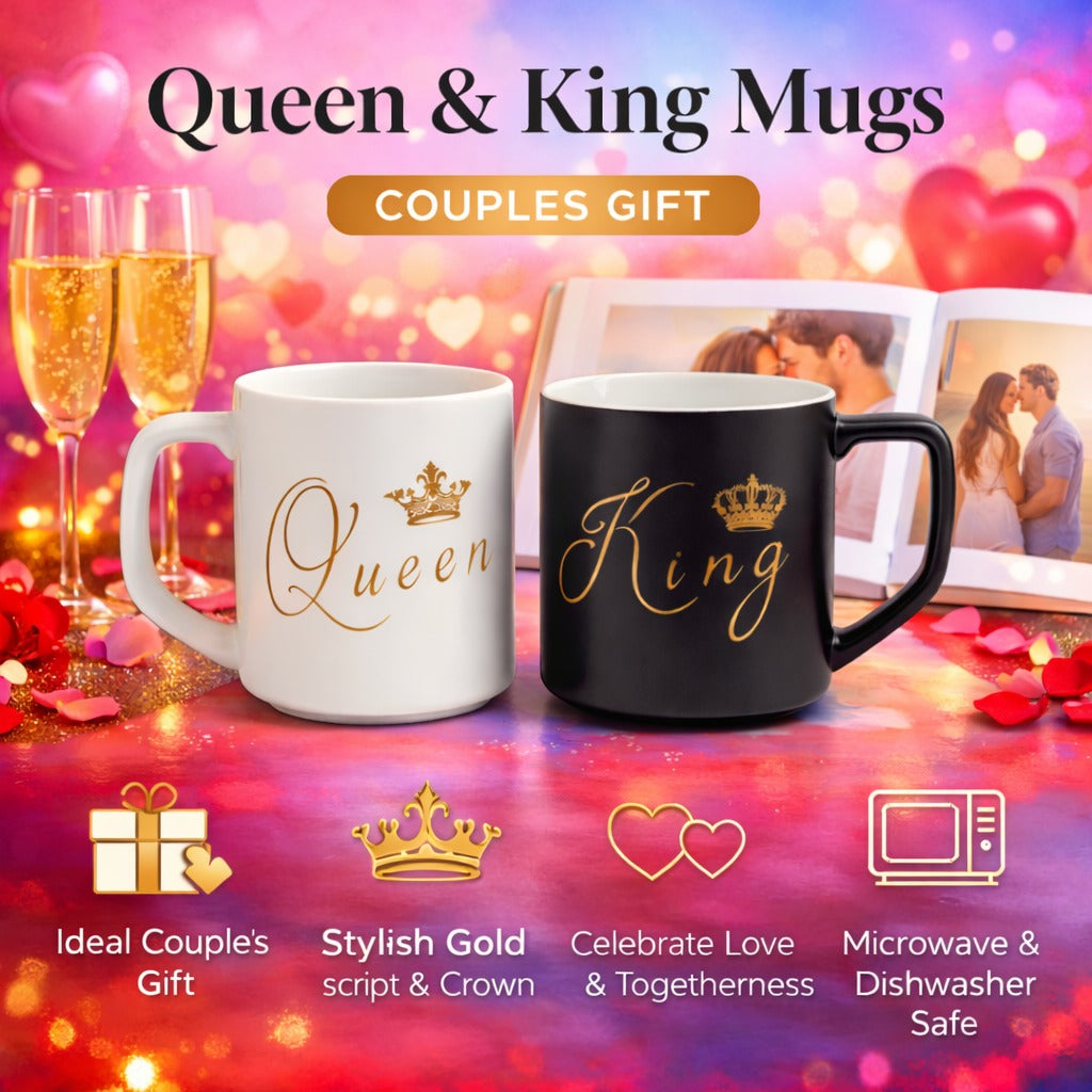 King and Queen Ceramic Mug Set with Iron Holder, Black and White Coffee Cups with Rose Gold Crown Design, 2 Piece Couple Gift Set