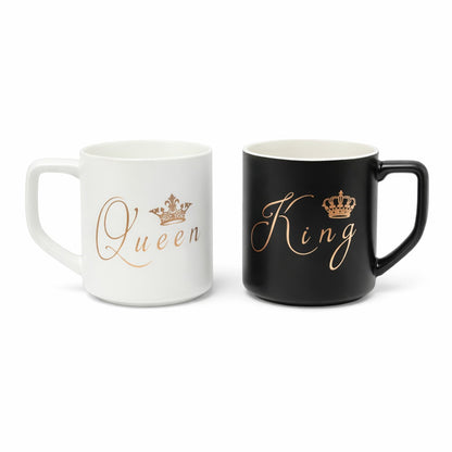 King and Queen Ceramic Mug Set with Iron Holder, Black and White Coffee Cups with Rose Gold Crown Design, 2 Piece Couple Gift Set