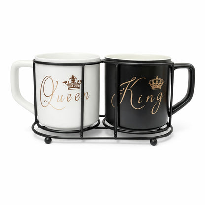 King and Queen Ceramic Mug Set with Iron Holder, Black and White Coffee Cups with Rose Gold Crown Design, 2 Piece Couple Gift Set