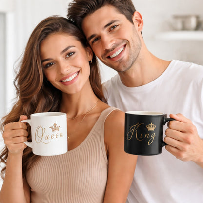 King and Queen Ceramic Mug Set with Iron Holder, Black and White Coffee Cups with Rose Gold Crown Design, 2 Piece Couple Gift Set