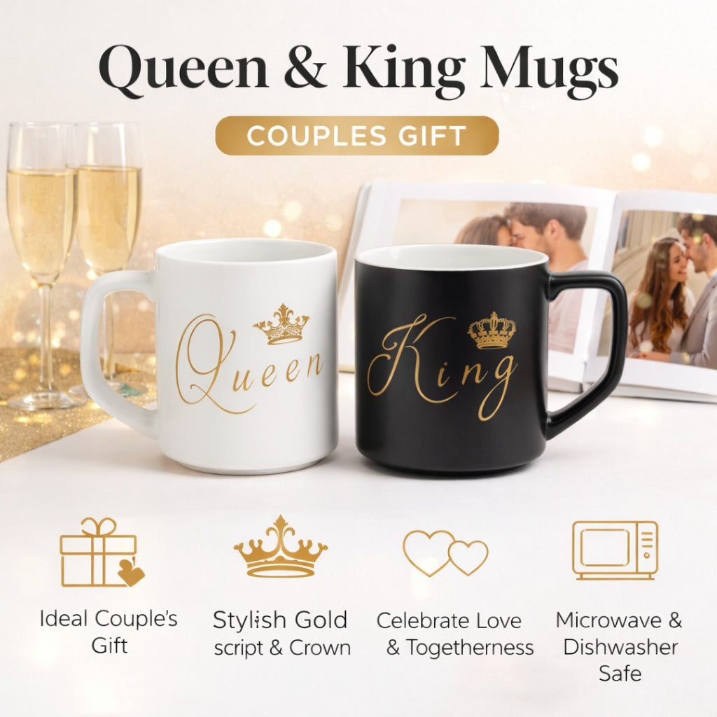 King and Queen Ceramic Mug Set with Iron Holder, Black and White Coffee Cups with Rose Gold Crown Design, 2 Piece Couple Gift Set