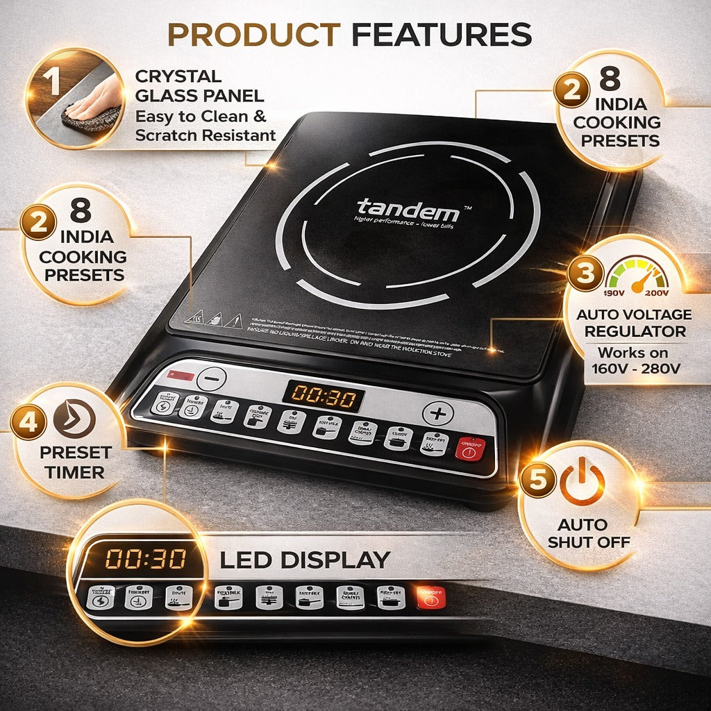 Tandem 2000W Portable Induction Cooktop | Touch Control Electric Stove | 8 Preset Cooking Modes | Energy Efficient Digital Induction Cooker | Black