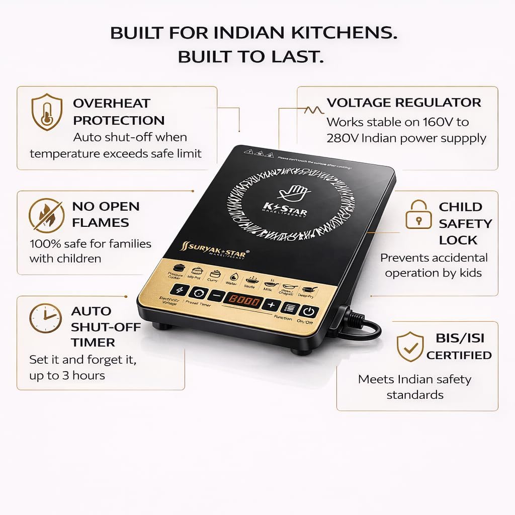 Suryak Star 2000W Portable Induction Cooktop | Digital Touch Control | 8 Preset Cooking Modes | Energy Efficient Electric Stove | Fast Heating | Auto Shut-Off | Black
