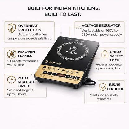 Suryak Star 2000W Portable Induction Cooktop | Digital Touch Control | 8 Preset Cooking Modes | Energy Efficient Electric Stove | Fast Heating | Auto Shut-Off | Black