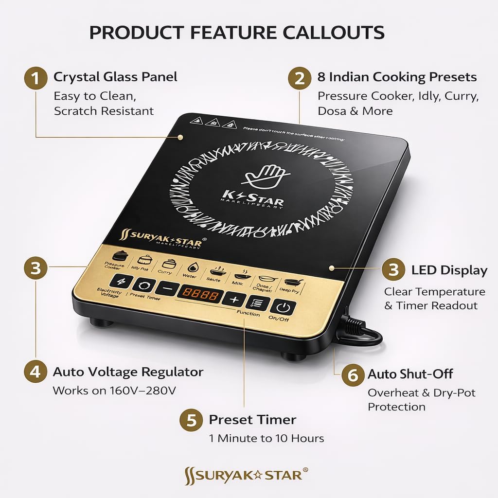 Suryak Star 2000W Portable Induction Cooktop | Digital Touch Control | 8 Preset Cooking Modes | Energy Efficient Electric Stove | Fast Heating | Auto Shut-Off | Black