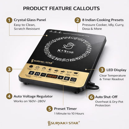 Suryak Star 2000W Portable Induction Cooktop | Digital Touch Control | 8 Preset Cooking Modes | Energy Efficient Electric Stove | Fast Heating | Auto Shut-Off | Black
