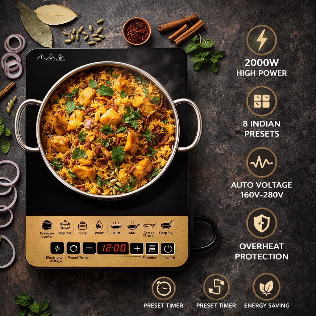Suryak Star 2000W Portable Induction Cooktop | Digital Touch Control | 8 Preset Cooking Modes | Energy Efficient Electric Stove | Fast Heating | Auto Shut-Off | Black