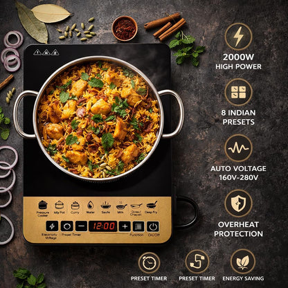 Suryak Star 2000W Portable Induction Cooktop | Digital Touch Control | 8 Preset Cooking Modes | Energy Efficient Electric Stove | Fast Heating | Auto Shut-Off | Black