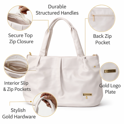 Women's Premium White PU Leather Tote Handbag | Large Shoulder Bag with Zipper Closure | Elegant Office, Travel & Everyday Carry Purse